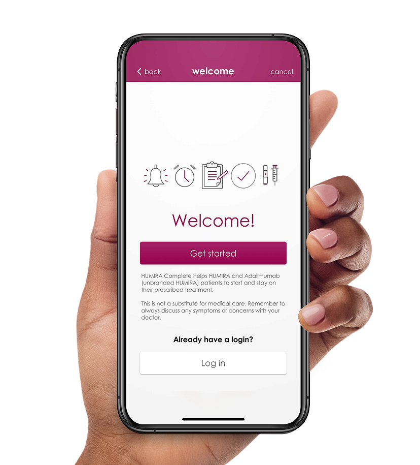 Image of hand holding a phone that shows the HUMIRA Complete App on its screen